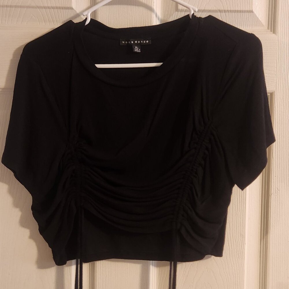 Black Ruched Front Adjustable Drawstring Crop Top Size XL